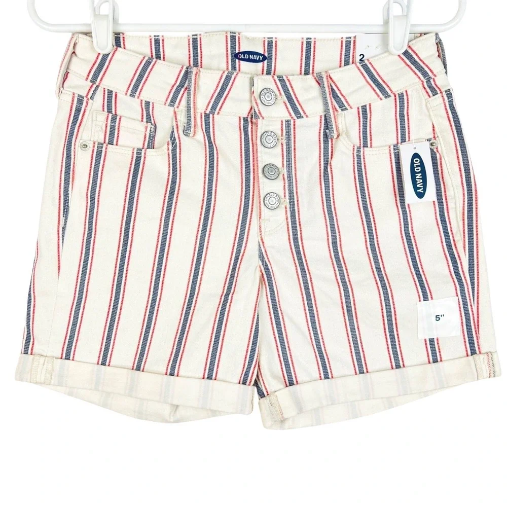 Old Navy Women's Shorts Size‎ 2 Striped Cream Navy Red Rolled Hem Button-Fly NWT